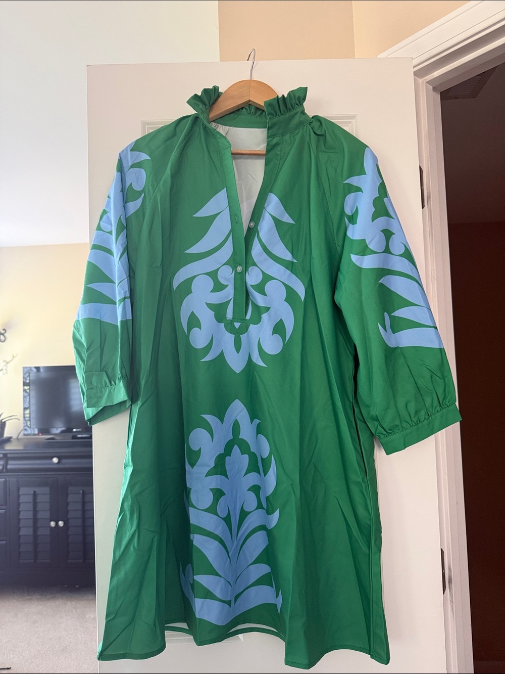 Green Mini Dress with Light Blue Pattern